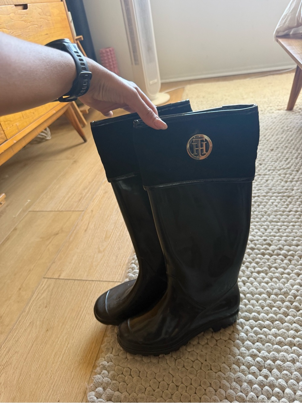 Tommy Hilfiger Glossy Black Knee-High Rain Boots with Logo Cuff